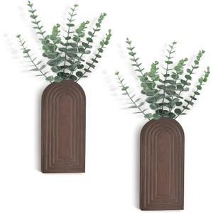 Dahey Wood Wall Vase Planter with Artificial Eucalyptus, 2 Pack Hanging Planter for Indoor Fake Plants Modern Boho Farmhouse Wall Art Decor for Bathroom Bedroom Kitchen Office Home Decoration, Brown