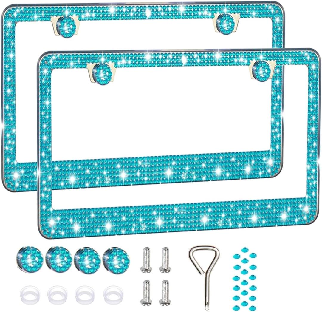 2 Pack License Plate Frames for Women, Sparkly Rhinestone Diamond Car Accessories with Glitter Crystal Caps (Blue2PCS)