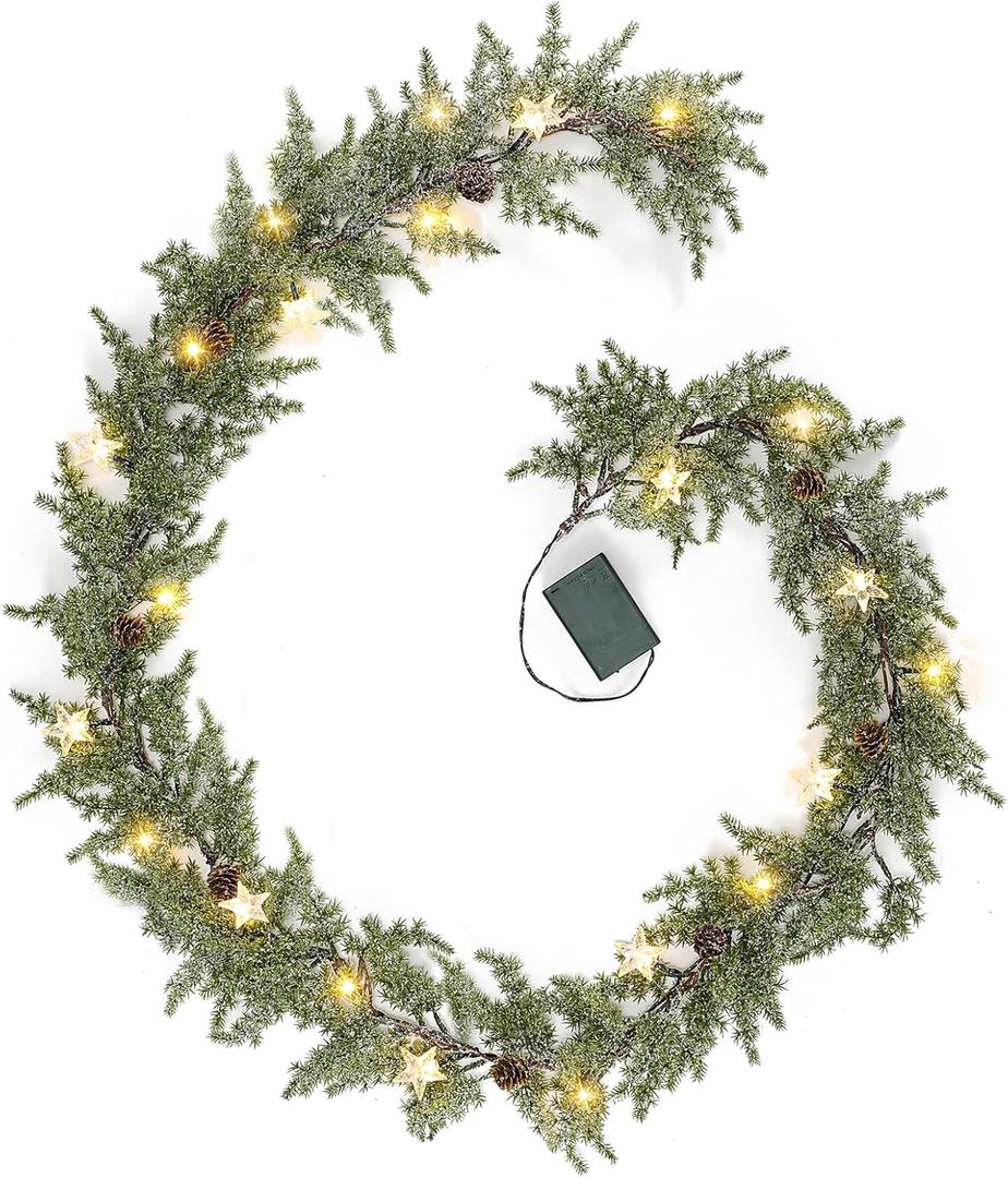Pine Garland-6FT Christmas Garland, Artificial Evergreen Battery Operated Garland with Lights, Prelit Garland Timer for Mantle Holiday Outdoor Indoor Fireplace Decor