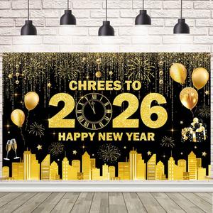 AIBIIN Gold Chrees to 2026 Happy New Year Backdrop New Year Banner 2026 Firework Champagne Nye Decorations Banner for Nye Party Supplies 70.8x43.3 inch (5.9x3.6ft)