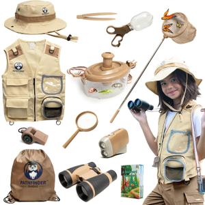 Kids Bug Catching Kit - Complete Explorer Kit with Safari Vest, Hat & More - Cute Dress-Up Safari Costume, or Zoo Keeper - Outdoor Explorer Set & Bug Toys for 7-12 Year Old Boys Girls + Adventure Book (Large, Brown)