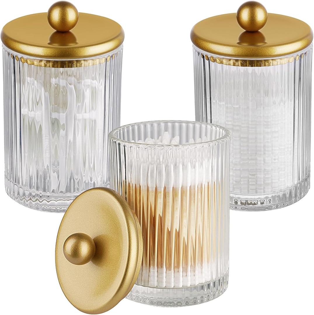 3 Pack Glass Qtip Holder Dispenser Set with Matte Gold Metal Lid