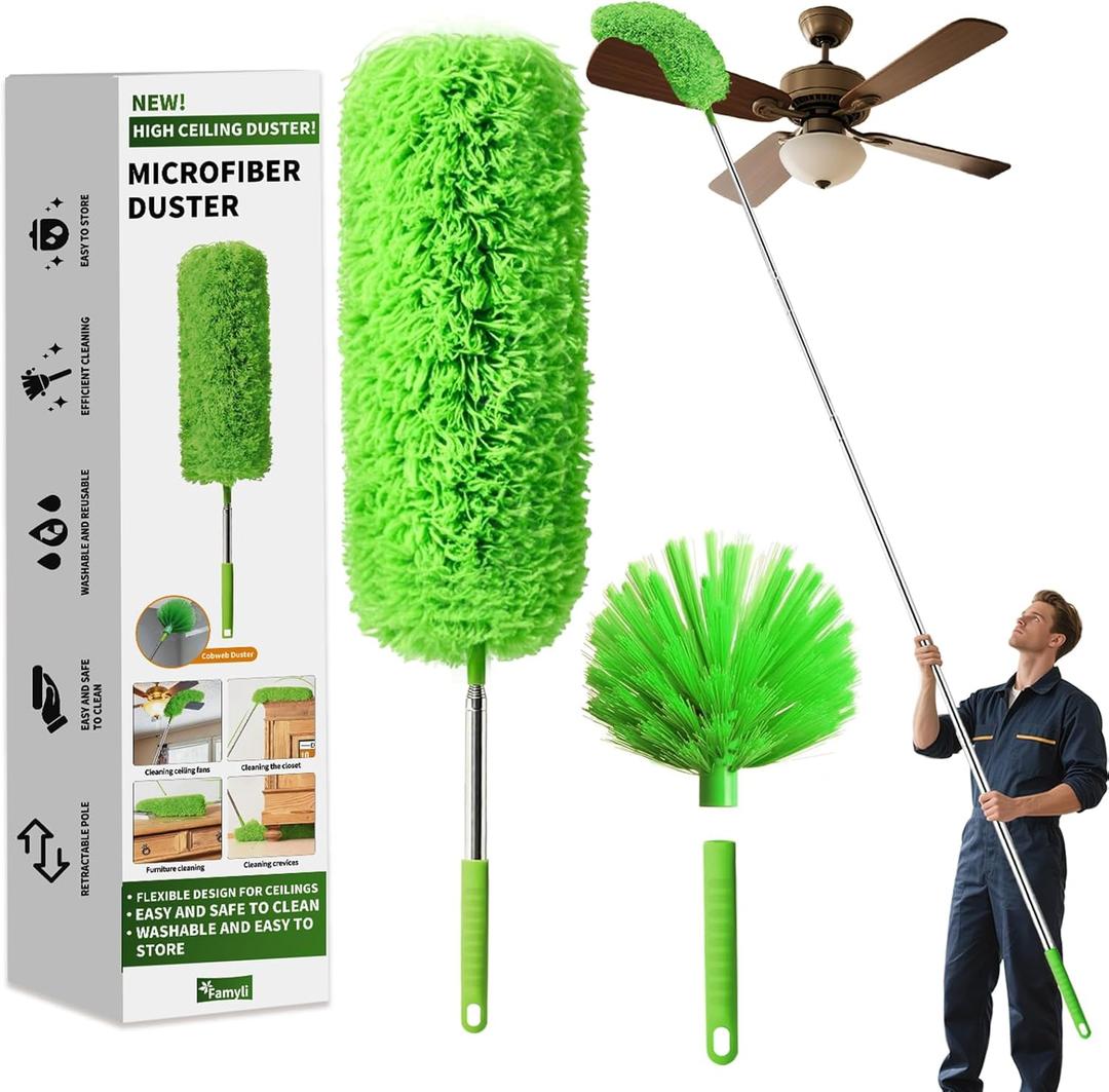 Cobweb Duster with Extension Pole, Washable Cleaning Duster Set with 2 Duster Heads, Corner Brush, 15-110-Inch Telescoping Pole for high Ceiling Fans, Long Duster for high CeilingsSpider Web Brush