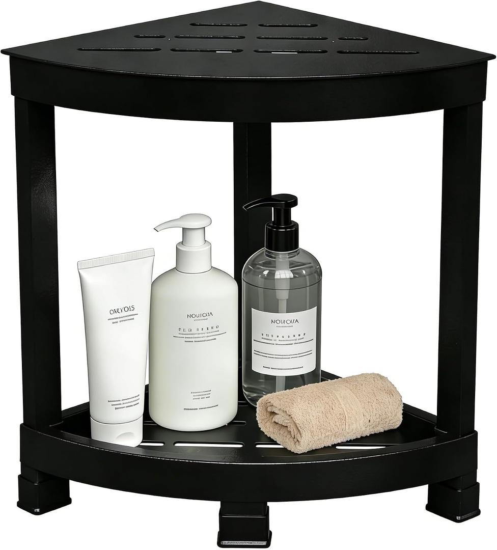 Shower Foot Rest 16in, HIPS Shower Stool for Inside Shower, Waterproof Corner Shower Stool with Storage Shelf for Inside Small Shower Spaces, (Black)