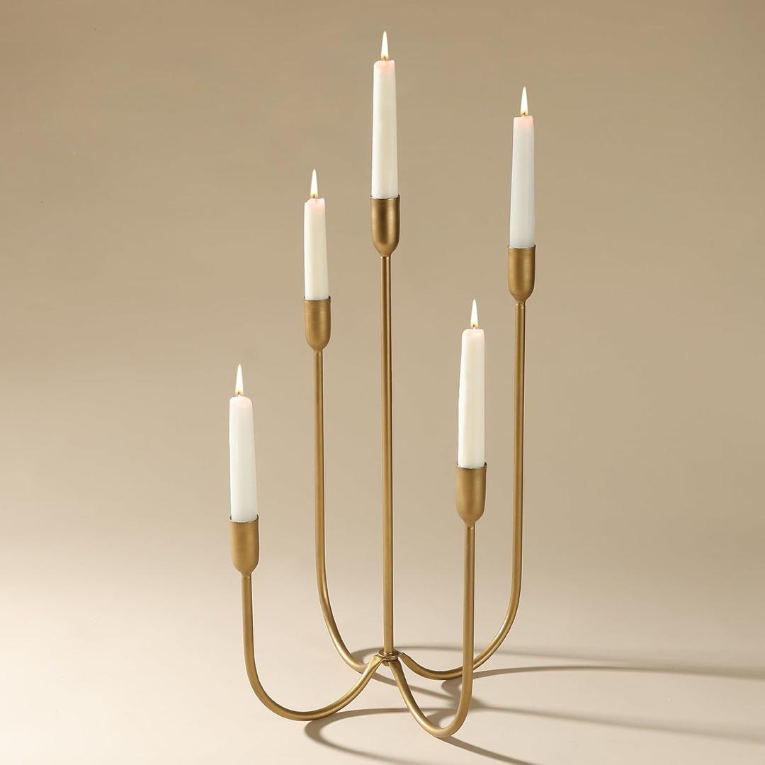 Perfnique 5-Candle Iron Candelabra, 17 Inch Antique Brass Gold Candle Holder, Hand-Forged Cast Gold Candle Holder for Wedding, Event, Christmas & Dining, Table Centerpiece Dcor