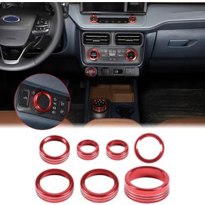 Aunginsy Center Control Knob Trim Cover Compatible with Ford Maverick 2022-2024 Air Conditioner Climate Gear Shift 4WD Engin Start Stop Headlight Volume Radio Control Switch Button Knob Ring Cover (Red(7Pcs))