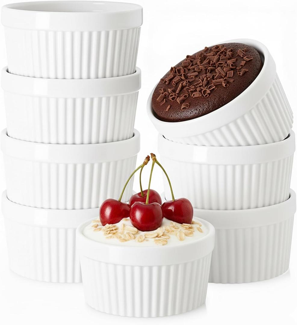 Ramekins 6 OZ Small Bowls, WERTIOO 8 PCS Creme Brulee Ramekin for Baking and Cooking, Sleek Porcelain Ramikins Oven Safe for Pudding, Sauce, Ice Cream Bowls, Custard Cups, Dessert Cups