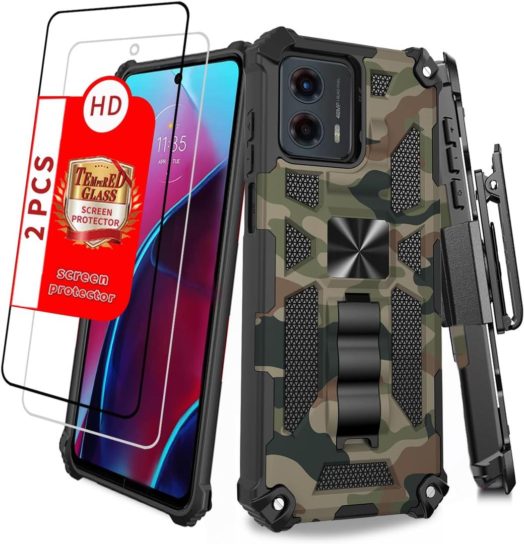 Phone Case for Moto G 5G 2023 Military Grade Shockproof Moto G 5G 2023 Case with Screen Protector Moto G 5g 2023 with Built in Kickstand Holster Belt Clip Camoflage (Green Camo) 