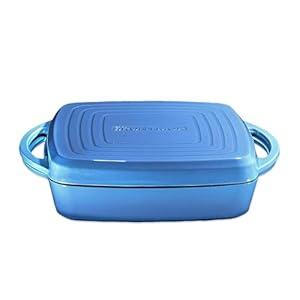 Bruntmor 2-in-1 Square Dutch Oven Casserole Dish with Lid, Dual Handles and Grill Pan for Baking, Braising and Grilling - Durable All-in-One Enameled Cast Iron Cookware Set for Kitchen, Whale Blue