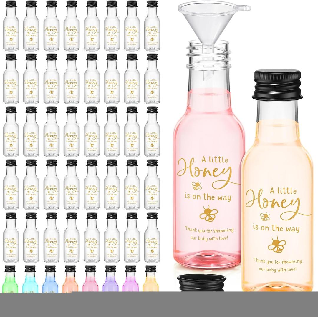 Boao 50 Sets Baby Shower Favors for Guests Include 50 1.7oz Mini Honey Bee Empty Plastic Alcohol Shot Bottles with 1 Funnel Baby Shower Return Gift for Guests Gender Reveal Gifts Ideas (Honey)