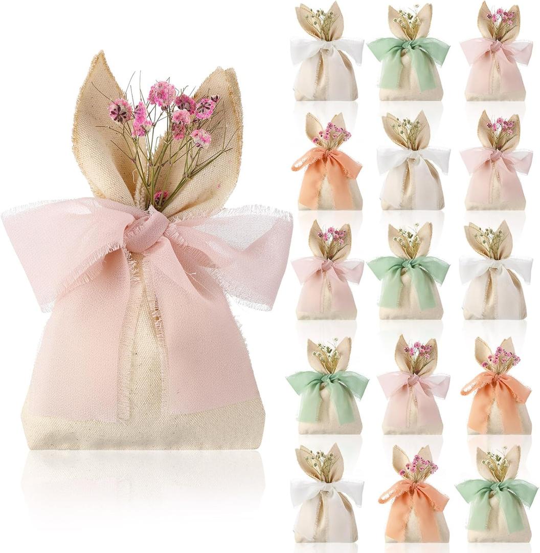 Affrolling 24 Set Easter Bunny Party Favor Bags Easter Burlap Gift Bag with Pastel Bow Ribbon and Artificial Flowers Rabbit Ears Treat Basket Stuffers Bulk for Kids Goodie Candy Hunt Stuffer Birthday