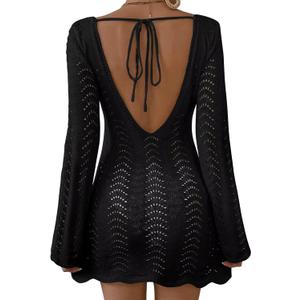 Womens Swimsuit Cover Up Long Sleeve Crochet Bathing Suit Mesh Backless Cover Ups Summer Beach Vacation Outfits 2026 (X-Small, Black)