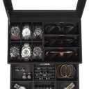 Jewelry Box for Men, 6 Slot Watch Box Jewelry Organizer With Drawer, Watch Case for Men with Large Window, 2-Layer Watch Holder, Sunglasses Storage Organizer, Velvet Lining, PU Leather, Gift Idea (Black)