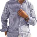 CURBODO Mens Button Down Long Sleeve Shirts Striped Collar Cotton Casual Business Summer Beach Wedding Dress Shirt Blue Stripe M