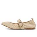 Women's Ruched Ballet Flats Buckle Strap Mary Jane Flat Shoes Slip On Soft Suede Round Toe Comfort Ballerina for Casual Dress(Natural, 6)