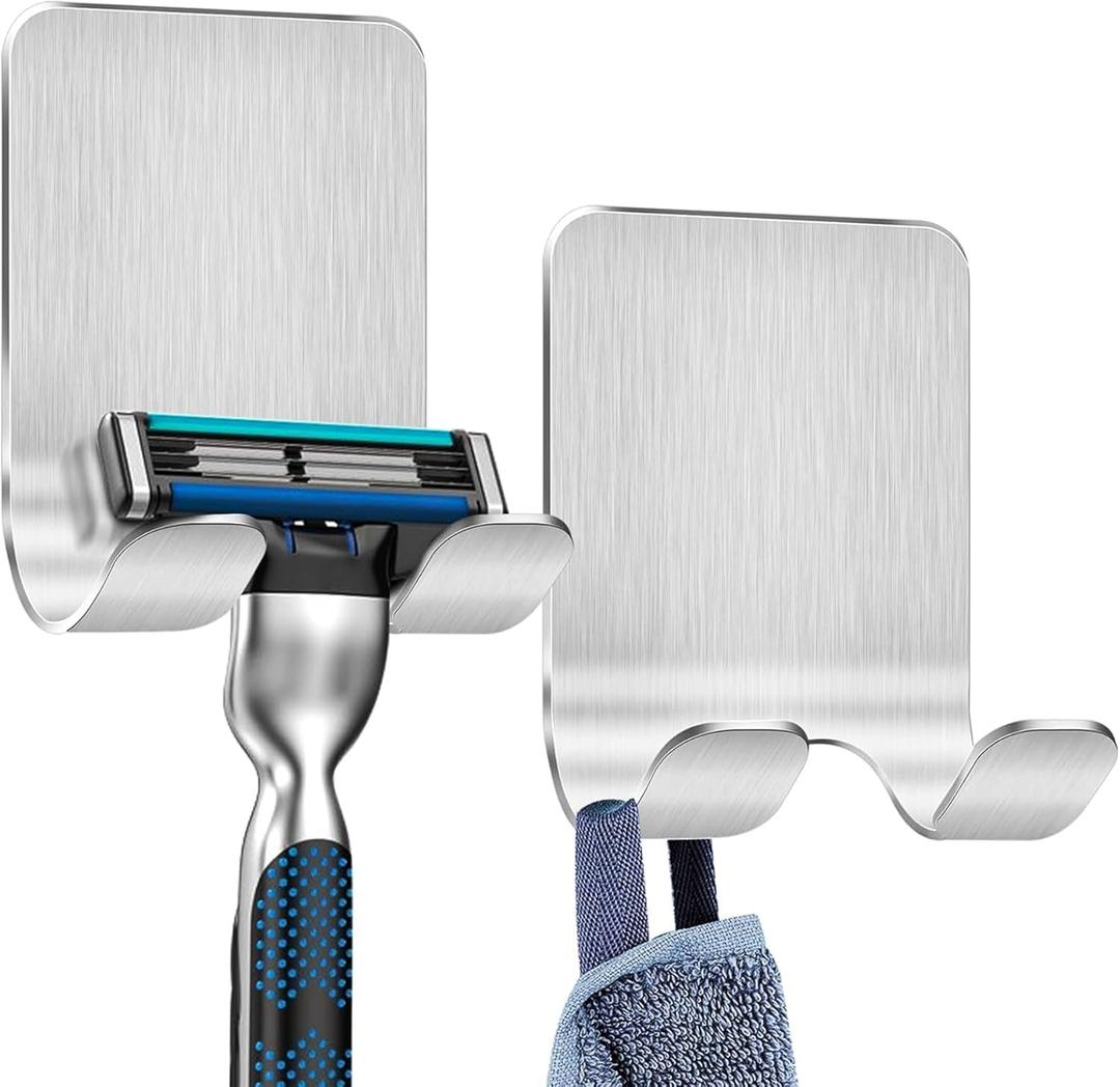 2 Pack Adhesive Razor Holder Shaver Hook Hanger Stand Wall Mounted, Stainless Steel Utility Storage Shower Hook or Bathroom Kitchen Organizer for Plug Robe Towel Coat, Brushed, AYG-DH-LS-2P