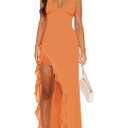 Women Sexy V Neck Sleeveless Mesh Ruffle Hem Bodycon Maxi Casual Backless High Slit Cocktail Party Dress L