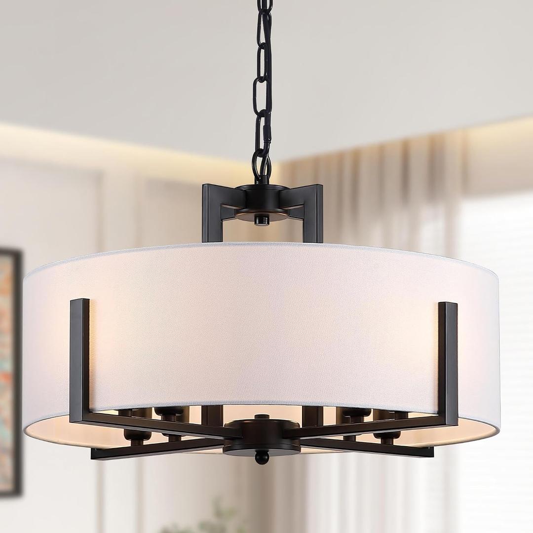 20" Black Drum Chandelier 8-Light Modern White Fabric Adjustable Large Farmhouse Pendant Light Fixtures for Dining Room Living Room Foyer Kitchen Bedroom Entryway