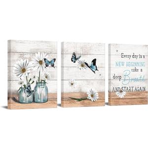 OuElegent 3 Piece Rustic Canvas Wall Art Daisy in Jar with Blue Butterfly Painting Pictures Motivational Inspiring Prints Artwork for Office Living Room Bedroom Bathroom Decor Framed Ready to Hang