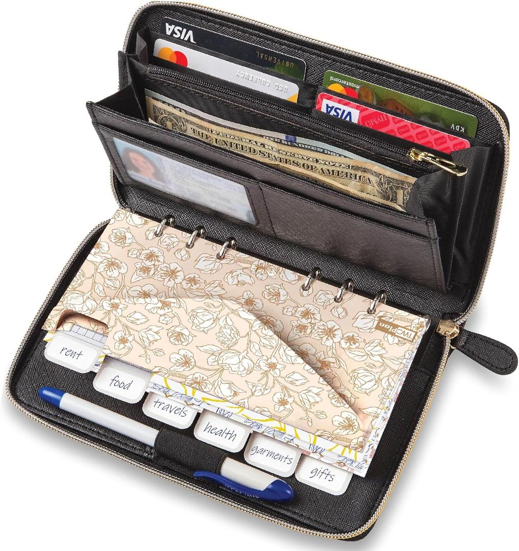 Cash Envelope Wallet All in One Budget System with 12x Tabbed Cash Envelopes, 12x Monthly Budget Cards,1x Yearly budget planner sheet Complete Money Organizer Set for Cash RFID Protection (Black)