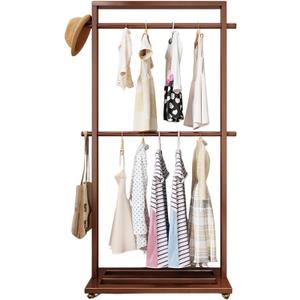 Solid Wood Clothes Rack with Wheels, Removable Double Rod Garment Rack with Bottom Shelf, Freestanding Clothing Organizer, Portable Wardrobe Rack for Bedroom Entryway Living Room (Walnut color)