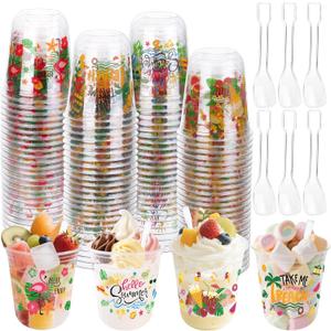 100 Pack Plastic Dessert Cups 12 Oz Clear Disposable Cups with Spoons Hawaii Cocktail Dessert Cups for Summer Beach Luau Wedding Birthday Party Supplies