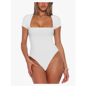 REORIA Womens Sexy Square Neck Double Lined Shirt Stretchy Basic Short Sleeve Going Out Thong Bodysuit Tops, Size L