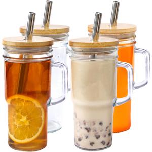 24oz Glass Cups with Lids and Straws - Glass Tumbler cup with bamboo lids and straw iced coffee cup (4pack)