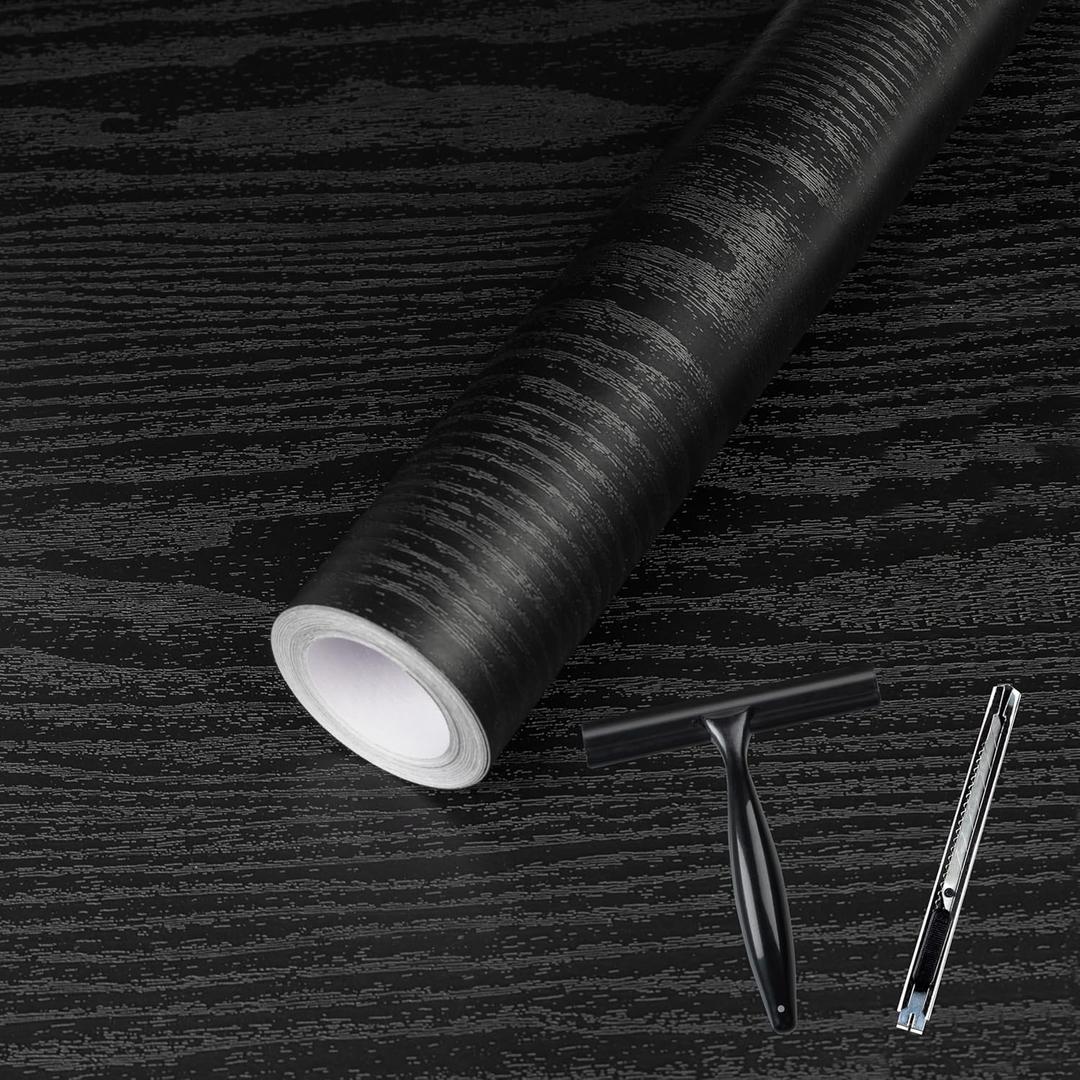 Abyssaly Black Wood Grain Contact Paper Peel and Stick Wallpaper Wooden Look Self-Adhesive Thicken Wallpaper Vinyl Wrap for Kitchen Countertops Shelf with Scraper, Paper Cutter 23.6" x 236"