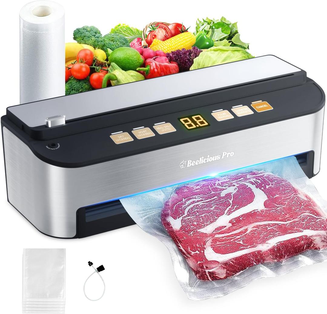 Vacuum Sealer Machine, Beelicious 85KPA Fully Automatic 8-IN-1 Food Sealer with Bags Storage, Build-in Cutter, Moist Mode, Air Suction Hose
