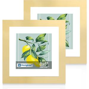 Hongkee 8x8 Picture Frame Set of 2, Made of Real Glass and Gold Wooden Frame - Display Square 6x6 with Mat or 8x8 Without Mat, 8 by 8 Photo for Wall or Tabletop