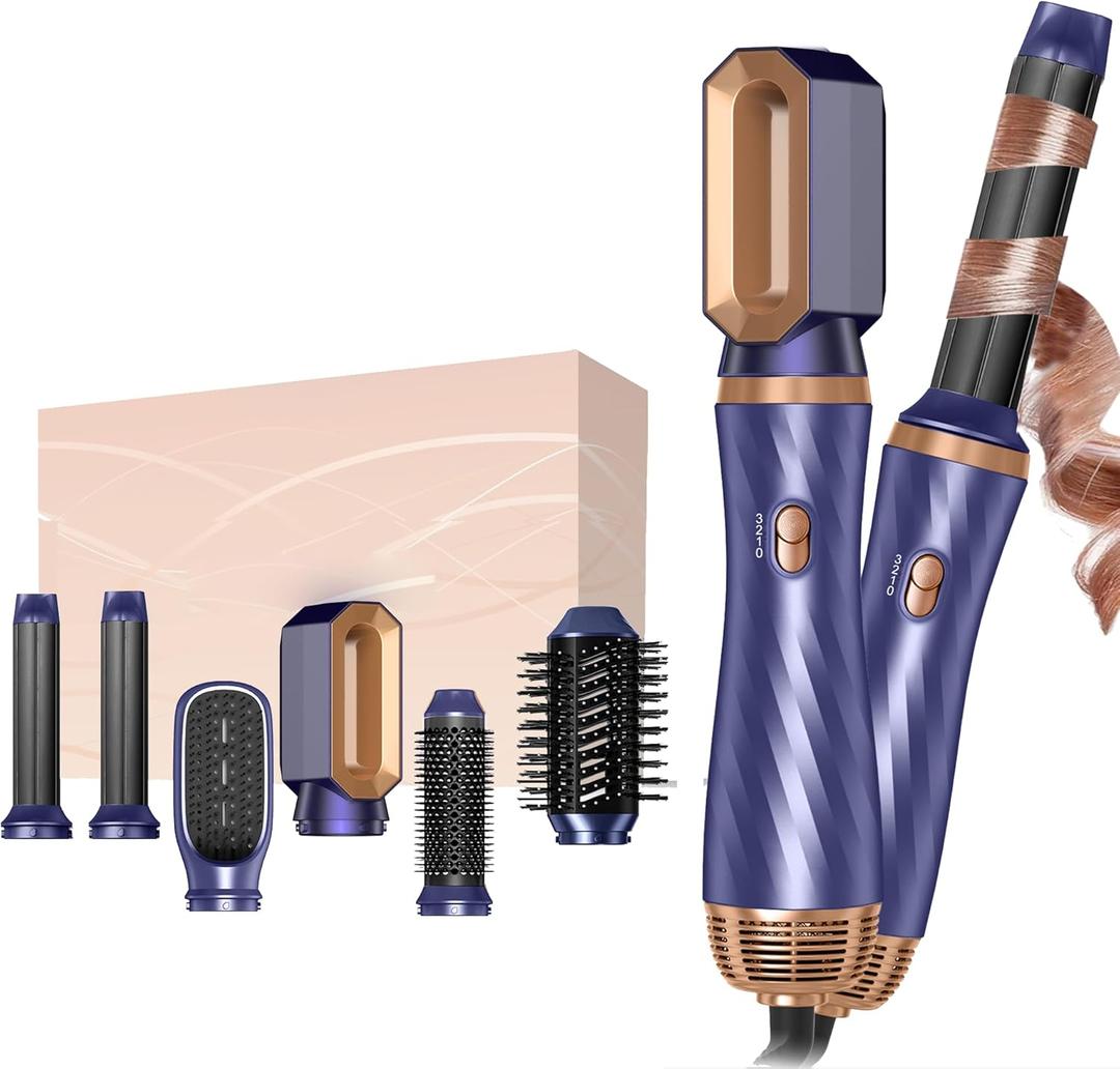 Blow Dryer Brush, 6 in 1 Detachable Hair Dryer Brush Air Curler Air Styler Wrap, Hair Styling Tool Travel, Curly Twist Hot Curling Iron, Blow Dryer Hot Styler Negative Ion (Blue Gold)