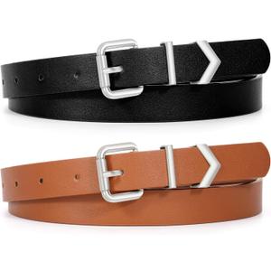 2 x XZQTIVE 2 Pack Women's Skinny Leather Belts for Jeans Pants Dress Ladies Thin waist belt with Gold Buckle (Silver Black+brown)