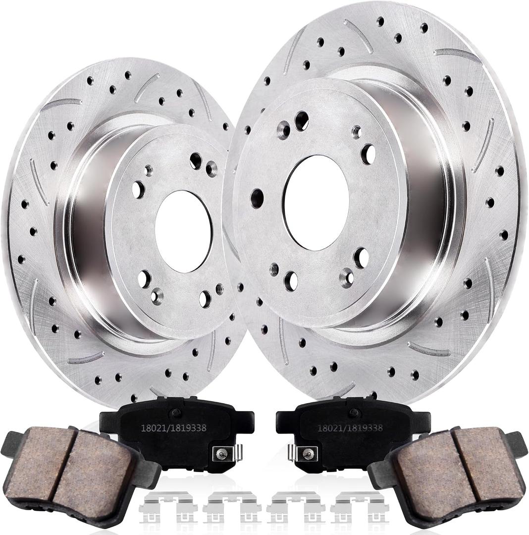 Rear Drilled and Slotted Brake Pads and Rotors Kit Ceramic Automotive Replacement Brake Kits 11.09 Inch Compatible for Honda Accord TSX 2008-2017 (10 Pcs)