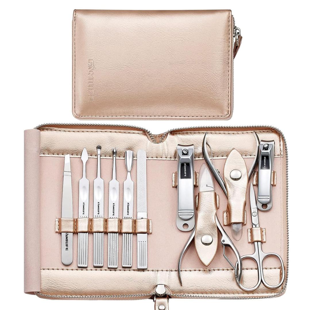 FAMILIFE Gifts for Women, Manicure Set Professional Manicure Kit 11 in 1 Nail Kit Nail Clippers Tools Stainless Steel with Rose Gold Leather Case Travel Sets