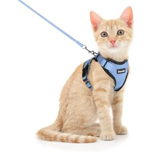 Dooradar Cat Harness and Leash Set, Escape Proof Safe Adjustable Kitten Vest Harnesses for Walking, Easy Control Soft Breathable Mesh Jacket with Reflective Strips for Cats, Light Blue, S
