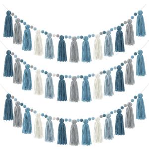 Syhood 3 Pcs Colorful Pom Pom Tassel Garland Boho Rainbow Felt Garlands Tassel Banner Each 50'' Birthday Baby Shower Classroom Boho Decoration for Nursery Wall Bedroom Home Decor(Morandi Color)