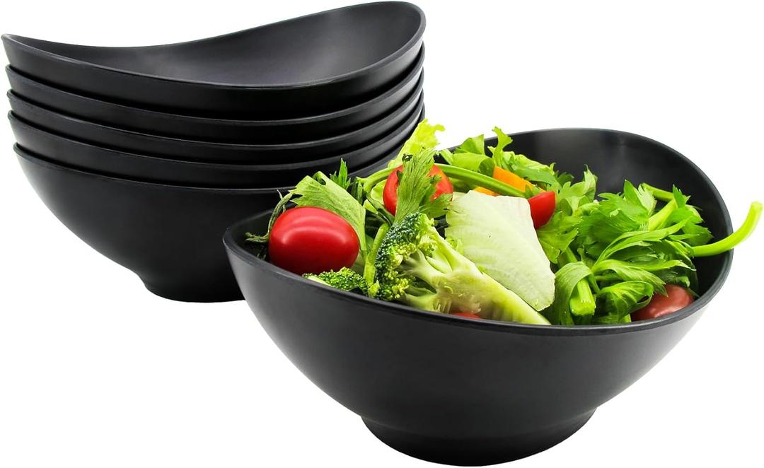 Oval Salad Bowls 34oz, Bamboo Fiber Serving Bowls Set of 6, 8.8" Large Bowls for Kitchen Eating & Restaurant, Deep Soup Bowls Set for Salad, Fruit,Pasta,Vegetable, Ramen, Dishwasher Safe, Black
