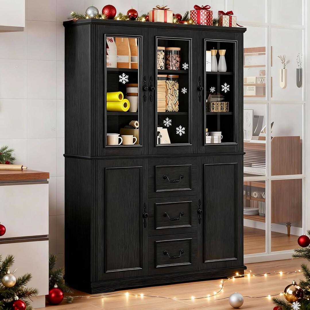 DWVO Large Storage Cabinet, 72" Tall Kitchen Pantry with Glass Doors, Freestanding Glass Display Cabinets with Adjustable Shelves & Drawers, Food China Hutch for Dining Room, Living Room, Black (No Manual)