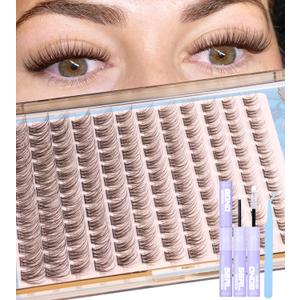 Mavphnee Brown Lash Clusters Kit Natural Eyelash Clusters Dark Brown Eyelash Extensions CC-Curly Pestaas Postizas Wispy Individual Lash Extensions Kit 8-16MM Brown Cluster Lashes 144PCS DIY Lash Kit