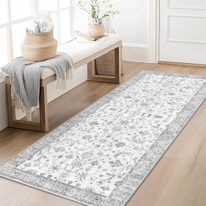 2x6 Area Rug Print Washable for Living Room Low Pile Non Slip Soft Thin Carpet Boho Vintage Floral Rug Stain Resistant for Bedroom Dining Room Kitchen Playroom Greywhite