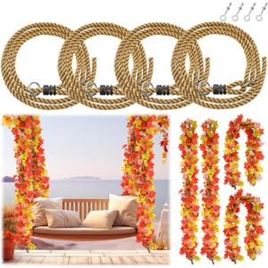 Seenelling 4 Pack Porch Swing Bed Rope Hanging Kit with Fall Maple Leaf Garland Decoration, 800 lbs Adjustable Heavy Duty daybed Swing Rope Straps for Porch Thanksgiving Garden Playground,10ft Length