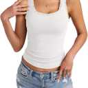 Eachyes Womens Lace Trim Ribbed Tank Tops Scoop Neck Fitted Sleeveless Shirts Cute Going Out Camisole Trendy Summer Outfits (White, L)