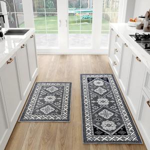 Boho Kitchen Rug Sets 2 Piece with Runner, Non-Slip Kitchen Mats for Floor Stain-Resistant and Washable Kitchen Rugs and Mats Grey Kitchen Floor Mat Runner Carpet for Kitchen, Hallway, Easy to Clean