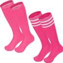 Century Star Kids Soccer Socks Softball Baseball Sock Toddler Youth Knee High Socks Striped Cotton Atheletic (6-9 Years, Roseo & Peach White)