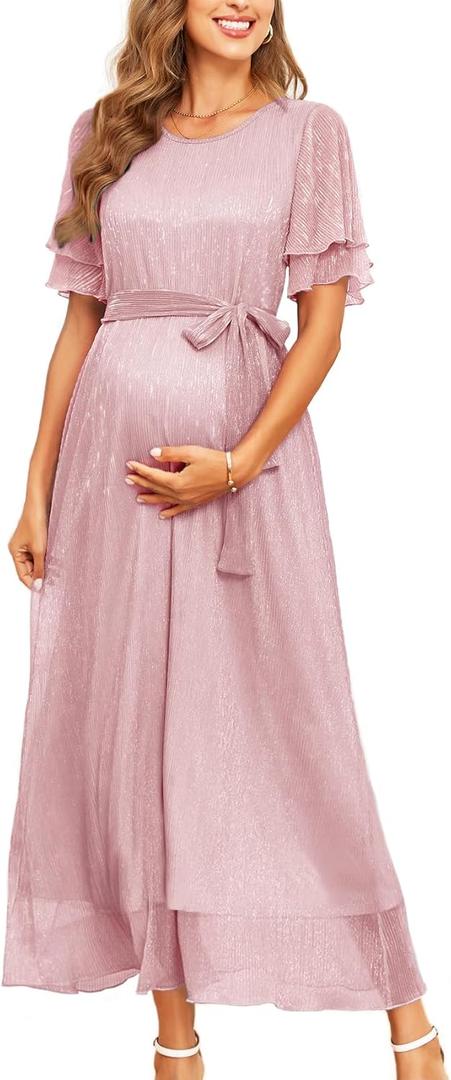 2025 Maternity Sparkly Mesh Maxi Flowy Dress with Belt Ruffle Sleeves Pregnant Long Dress Baby Shower Photoshoot Formal (XX-Large, Light Pink)