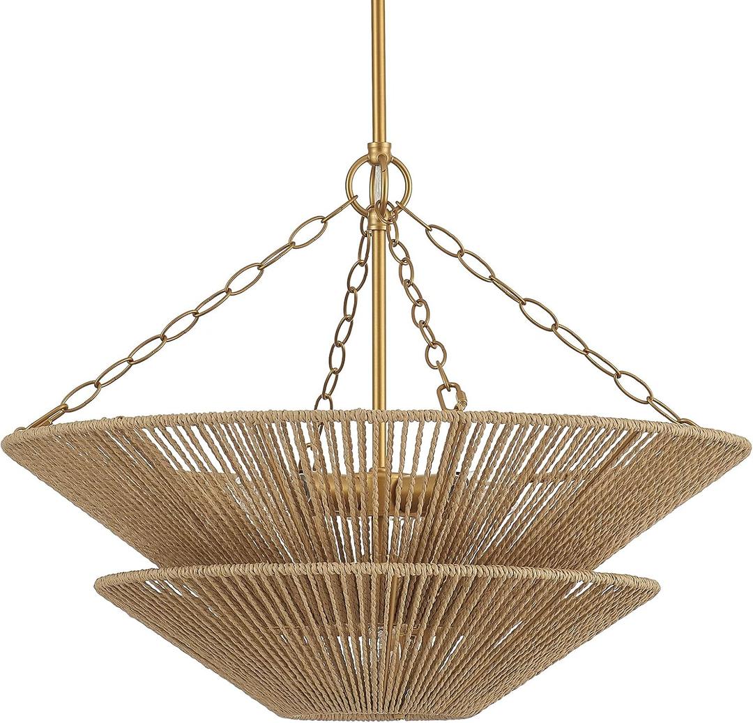 Modern Farmhouse Chandelier for Dining Room, 5-Lights Gold Chandelier for Entryway, Hand-Woven Rattan Pendant Light for Bedroom Kitchen Living Room