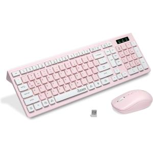 Wireless Keyboard and Mouse Combo, Reccazr 2.4G FullSized Keyboard and Mouse Cordless, 3 DPI Adjustable Mouse, DualSystem Keyboard for Computer/Laptop/Windows/Mac (Pink & White)