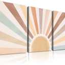 Boho Sun Wall Art Set of 3, Framed Canvas Wall Art Rainbow Sun Rising on the Horizon Geometric Nature Illustrations Line Art Wall, Office, 12"x16" Watercolor