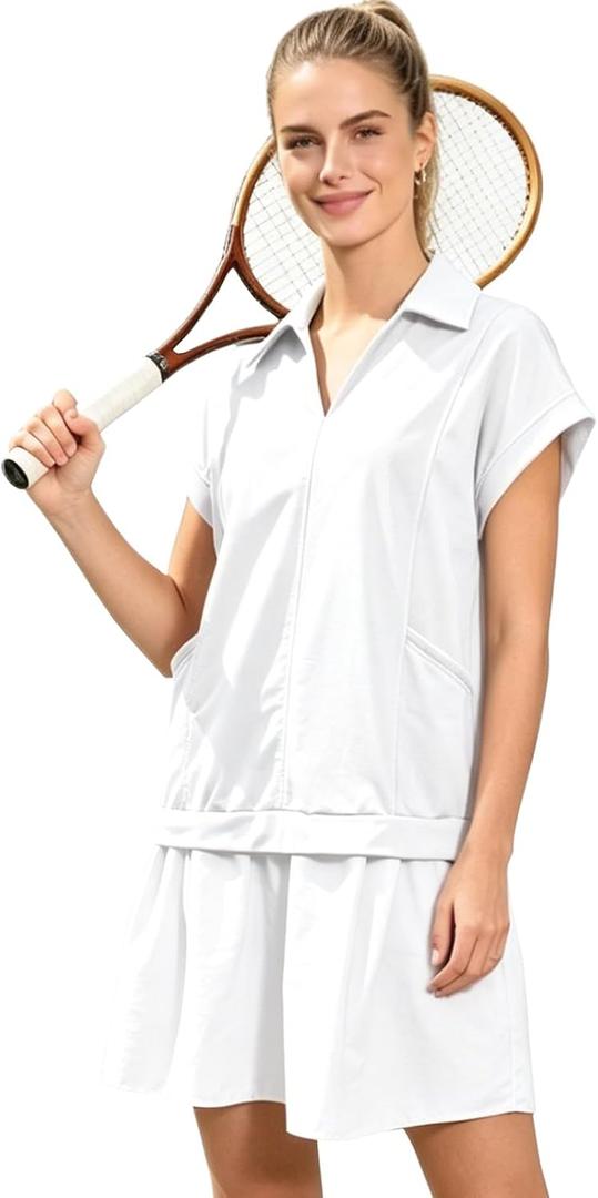 Women Casual Dresses Loose Fit Polo V-Neck Short Sleeves Patchwork Athletic Tennis Dress with Pockets (White, M)